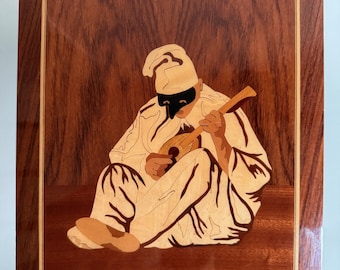 Vintage Wood Inlay Wall Art Pulcinella Italian Commedia dell Arte Marquetry Panel Mid Century Decor