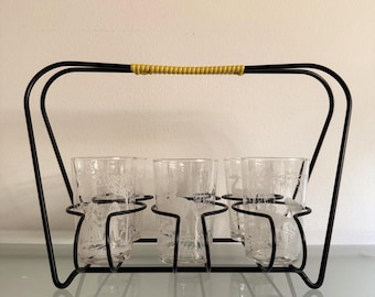 Vintage Mid Century Glass Carrier Set Dutch Decorated Glasses Serving Caddy 1960s Barware Picnic Set With 6 Glasses