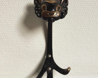 Walter Bosse Lion Wall Hook Vintage Brass Blackened Metal Coat Hook Mid Century Modern Austrian Design Animal Hook