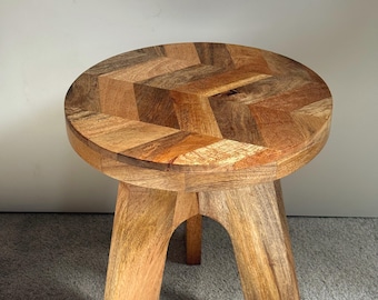 Organic Modern Wooden Side Table Sculptural Stool Japandi Plant Stand Rustic Wood Pedestal Table