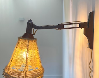 Vintage Teak Wall Lamp With Crochet Shade Mid Century Danish Modern Adjustable Wall Light