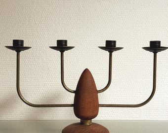 Vintage Danish Teak Brass Candle Holder Mid Century Scandinavian Candelabra 1950s 1960s Four Arm
