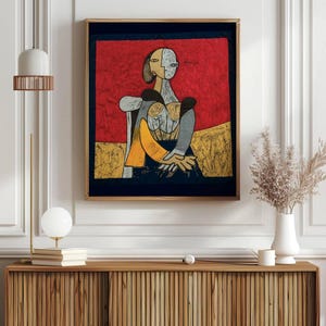 Vintage Picasso Style Textile Wall Art Large Square Fabric Cubist Design Framed Decor 87 cm Mid Century Modern Interior