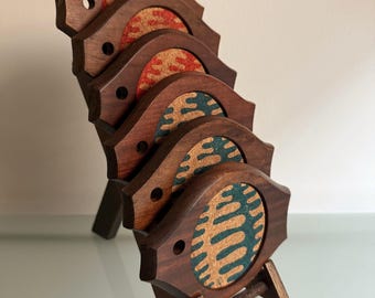 Vintage Fish Coaster Set Teak Wood Cork Coasters Mid Century Barware Scandinavian Style Drink Coasters Holder
