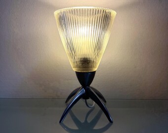 Vintage Italian Space Age Table Lamp, Ribbed Glass Shade, Chrome Tripod Base, Mid Century Modern Lighting, Made in Italy
