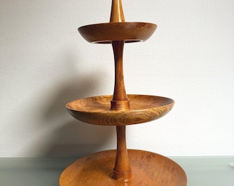 Vintage Wooden Tiered Fruit Stand Mid Century Modern Etagere Scandinavian Style Wooden Serving Tray