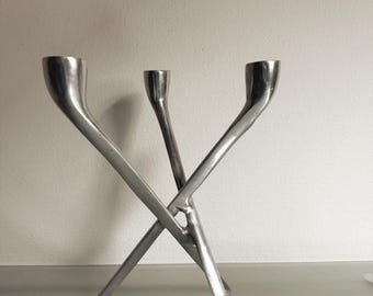 Vintage Aluminum Tripod Candle Holder Sculptural Candelabra Postmodern Metal Candlestick 1980s Decor
