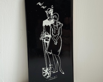 Vintage Italian Ceramic Tile Black White Wall Plaque Couple Figurative Mid Century Wall Art Small Wall Decor
