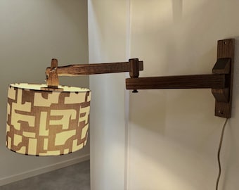 Vintage Wooden Articulating Wall Lamp Rustic Modern Swing Arm Light With New Geometric Shade