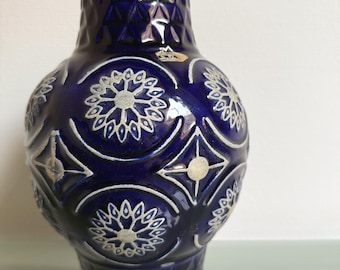Vintage BAY Keramik Vase Deep Blue West German Pottery Relief Ceramic Vase Mid Century Modern 25 cm