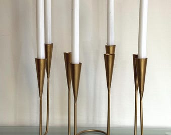 Mid Century Brass Candelabra 7 Arm Candle Holder Scandinavian Modern Minimalist Gold Metal Centerpiece