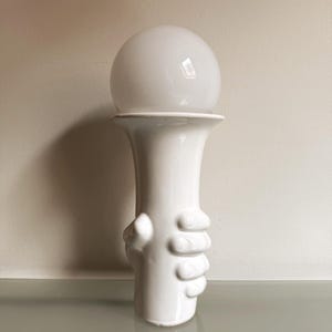 Vintage Sculptural Ceramic Table Lamp , White Hand Vase Lamp, Mid Century Modern Lighting, Organic Art Pottery Lamp