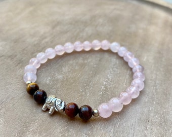 Rose Quartz and Tigers Eye Crystal Bracelet, Bohemian Elephant Charm, Handmade Gemstone Bracelets, Rose Quartz and Tigers Eye Gemstones