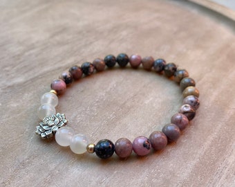 Rhodonite Bracelet, Rhodonite and Rose Quartz Bracelet, Natural Rhodonite Gemstone Healing Bracelet, Natural Stone Energy Bracelet