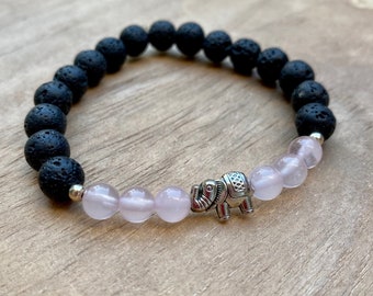 Aromatherapy Rose Quartz Bracelet, Lava Stone and Rose Quartz Diffuser Jewelry, Essential Oils Jewelry, Natural Rose Quartz, Elephant Charm