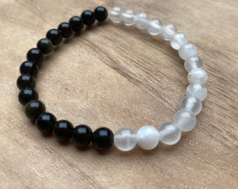 Yin and Yang, Selenite Crystal Bracelet, Healing Selenite Bracelet, Obsidian Crystal Bracelet, Metaphysical Crystals