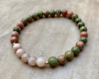 Unakite Crystal Bracelet, Unakite and Sunstone Crystals, Metaphysical Crystals, Sunstone Beaded Bracelet, Handmade Jewelry