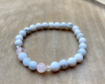 Howlite Beaded Bracelet, Aquamarine and Rose Quartz Healing Bracelet, Howlite Healing Crystal Bracelet, Natural Crystal Stones