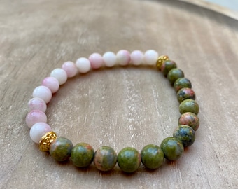 Unakite Crystal Bracelet, Unakite Jewelry, Unakite and Shell Bracelet, Unakite Healing Bracelet, Metaphysical Crystal Bracelet