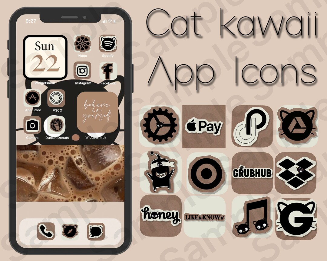 Cat Icon Ios IOS 16 App Icons Pack Cute Cat Kawaii Brown Neutral Premium App Icons ...