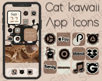 May include: A phone screen with a brown background and a grid of app icons featuring cats. The icons are stylized with a black and white color scheme and include apps like Apple Pay, Spotify, Instagram, and Dunkin Donuts. The text "Cat kawaii App Icons" is at the top of the screen.
