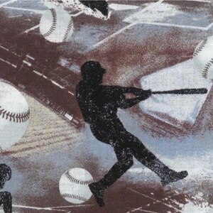 May include: A fabric pattern featuring black silhouettes of baseball players in action, including a batter swinging a bat and a catcher, interspersed with white baseballs with red stitching against a brown and grey textured background.