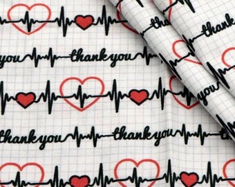 May include: White fabric with a grid pattern, featuring red hearts, black electrocardiogram lines, and the words "thank you." The fabric is folded, showing the pattern's repetition. Ideal for medical or appreciation-themed projects.