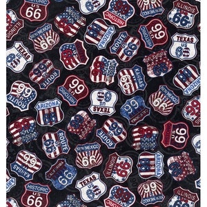 May include: A black background with a repeating pattern of red, white, and blue highway signs. The signs feature the text "Historic Route 66" and "US 99" with various state names.