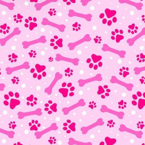 May include: A repeating pattern of pink paw prints, dog bones, and white dots on a light pink background. The paw prints and bones are a darker shade of pink. This design is suitable for pet-themed products.
