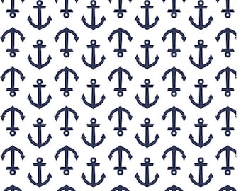 May include: A repeating pattern of navy blue anchors on a white background. The anchors are evenly spaced and oriented in the same direction, creating a nautical theme. The design is simple and clean, suitable for various applications.