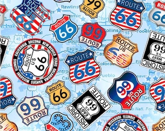America’s Highway Route 66 - Dawn Blue Cotton fabric 1/2 Yard