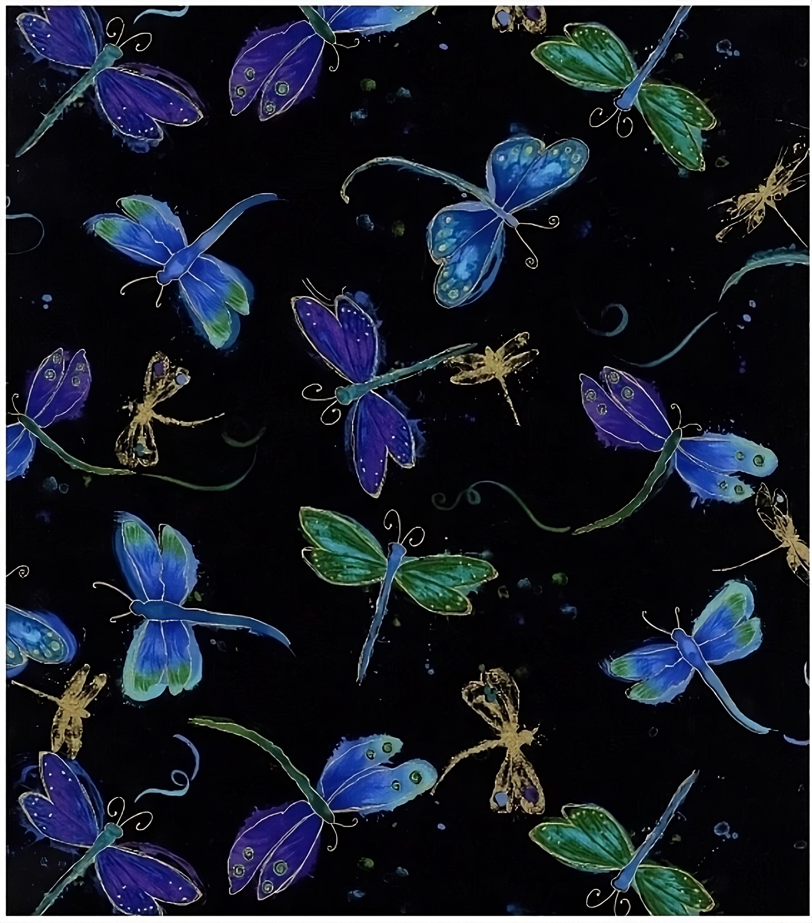 Tela de algodón metalizada premium negra con diseño de libélula azul, 1/2 yarda