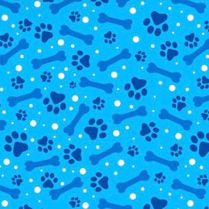 May include: A repeating pattern of dog bones, paw prints, and white dots on a bright blue background. The paw prints and bones are a darker shade of blue. This design is suitable for pet-themed products.