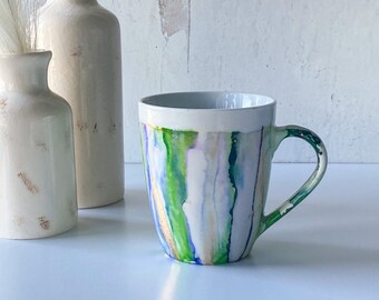 Coffee mug hand painted with alcohol ink, green and blue and metallic mug, coffee mug for Mom