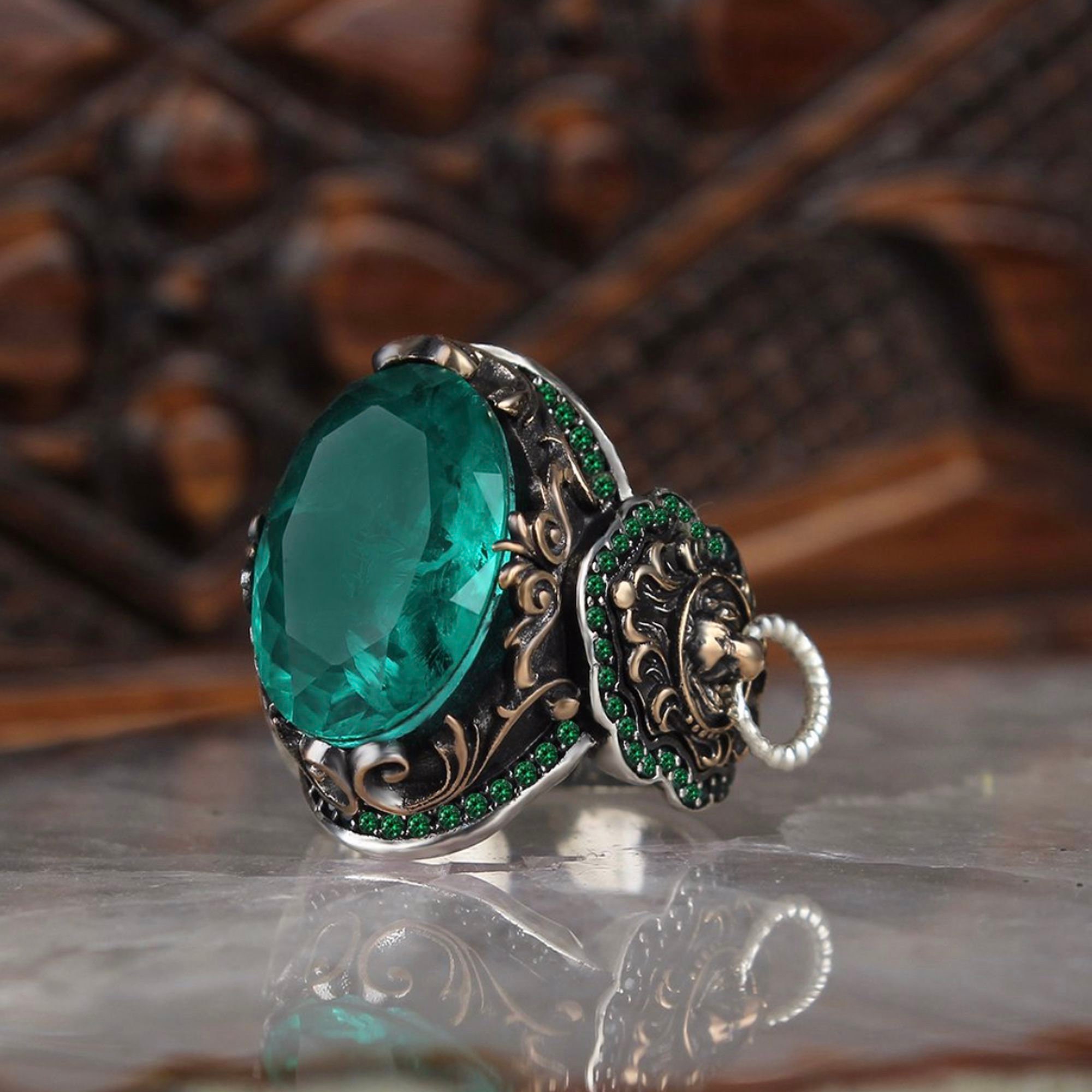 Emerald Stone Turkish Handmade 925 Sterling Silver Unique Men Tugra Ring AllSize 