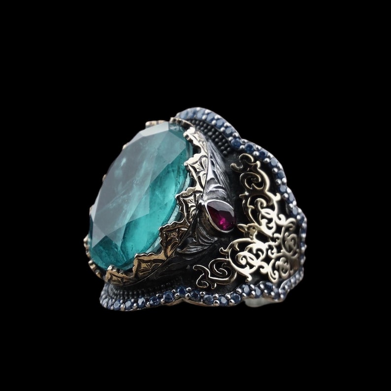 Man Ring 925 Sterling Silver Ring with Blue Parabia Tourmaline Handmade Silver Ring,Vintage Style Jewelry Gift for Him