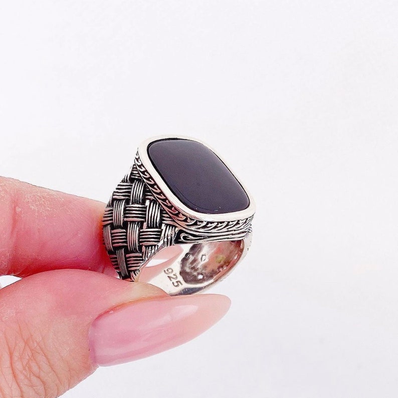 Gift for Him Mens Square Black Onxy Gemstone Sterling Silver Ring Ottoman Style Bague Homme Turkish Jewelry for Men