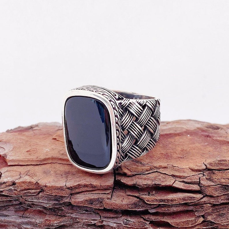Gift for Him Mens Square Black Onxy Gemstone Sterling Silver Ring Ottoman Style Bague Homme Turkish Jewelry for Men