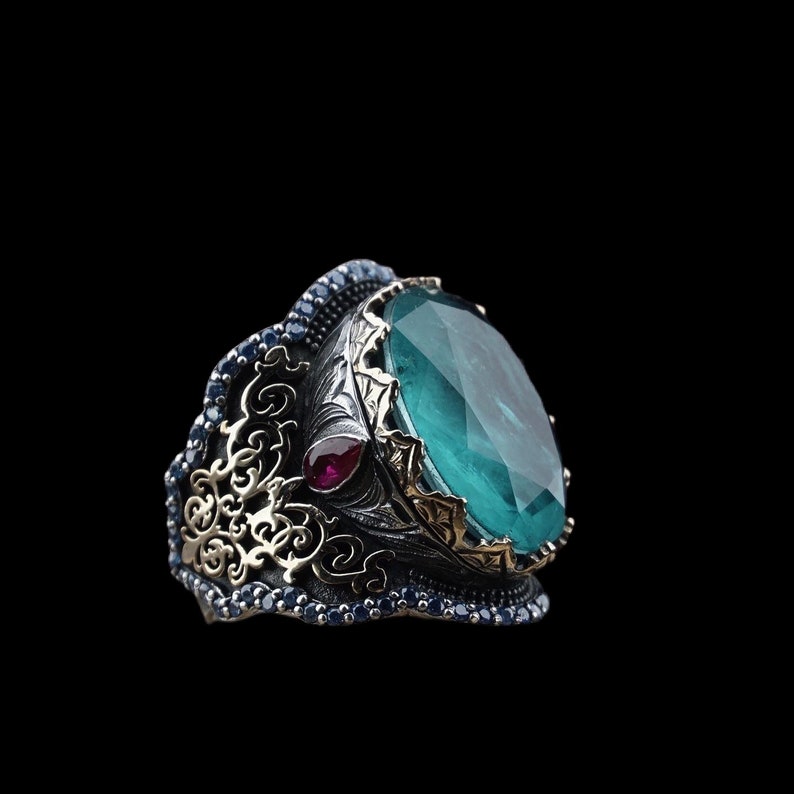 Man Ring 925 Sterling Silver Ring with Blue Parabia Tourmaline Handmade Silver Ring,Vintage Style Jewelry Gift for Him