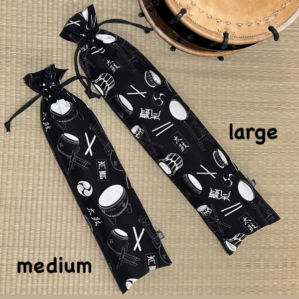 Japanese Taiko Drum Bachi Stick Bag for up to 3 Pairs | Original Design Taiko fabric | Large & Medium size | Strap included