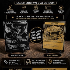 Custom MTG Metal Card | Personalized Commander Card | Laser Engraved Aluminum Trading Card | Magic the Gathering Gift | Black Metal Display