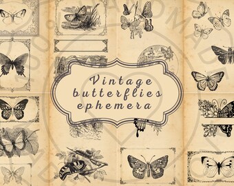 Vintage Victorian butterflies illustration, instant print, ephemera and tags for junkjournals