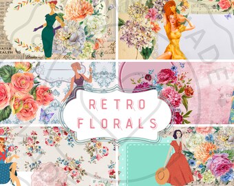 Retro floral, instant print, 50s women and colorful flowers, pages for handmade junk journals, vintage paper download, nature botanical