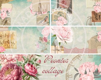 Peonies collage printable download for handmade junk journal, pink and blue floral, vintage accent and romantic style