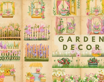 Garden decor, digital download for handmade junk journal, spring colors and flowers, windows and fruits, great for journal decorations