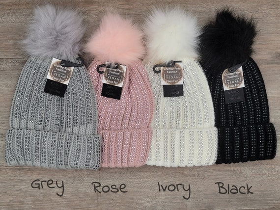 Knit hat lined fur pom embellished Rhinestone Flower Pom Pom Hat: Double Lined Winter Beanie  main image 2