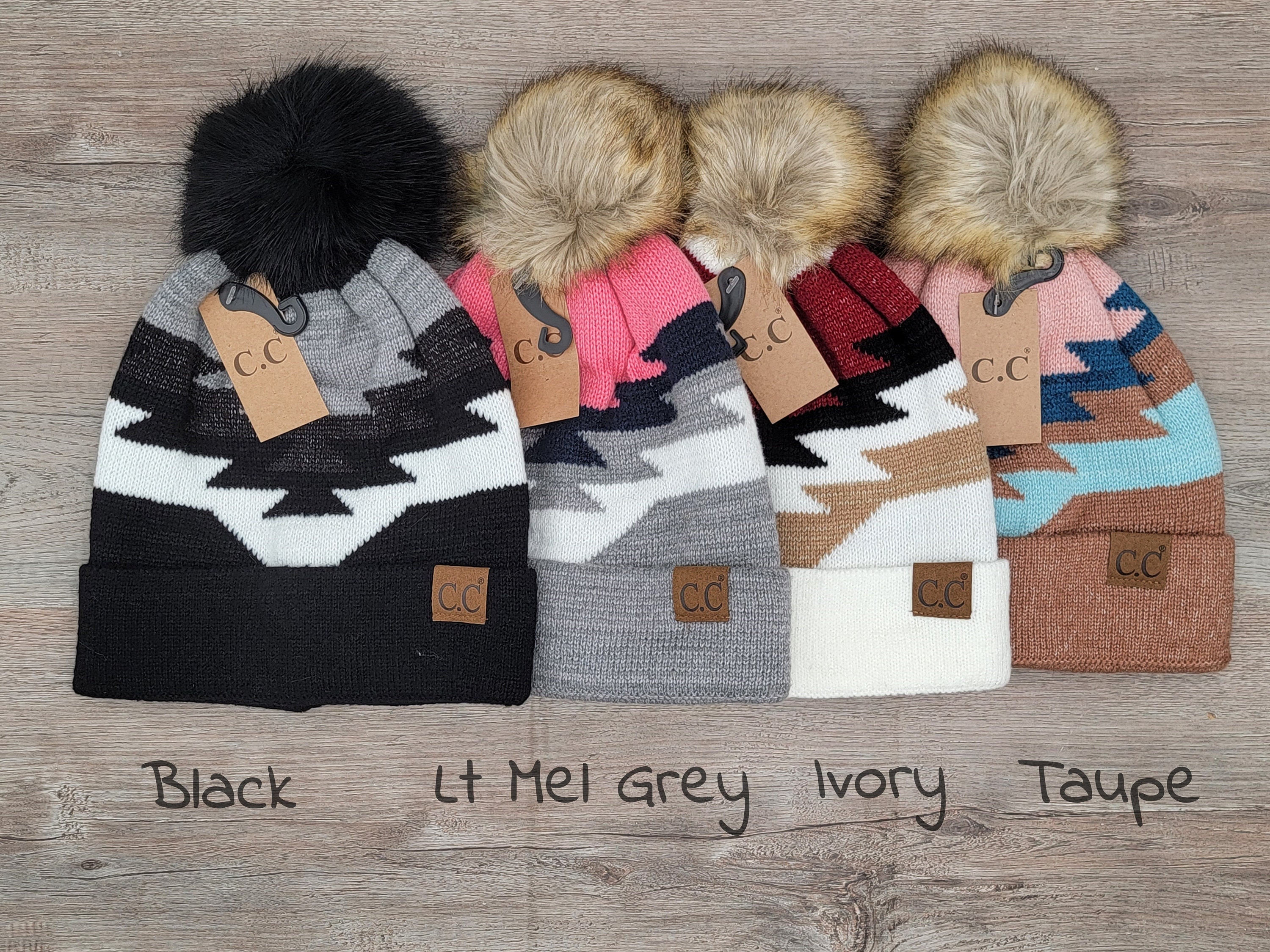 Aztec Beanie With Faux Fur Pom - C.C Winter Hat - Etsy