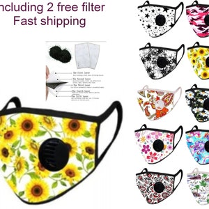 May include: Ten different patterned face masks with a valve. The masks are white with various colorful patterns, including sunflowers, paisley, and stars. The masks have a black valve in the center.