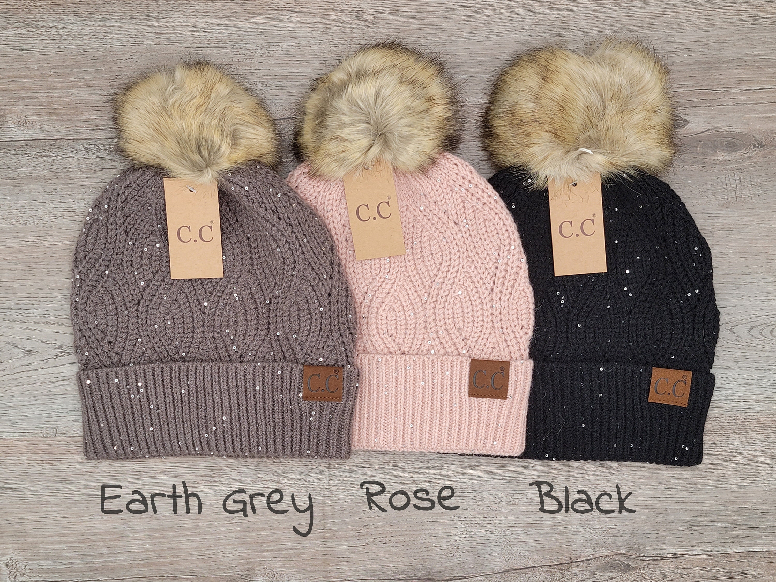 C.C Brioche Cable Knit Hat: Sequin Pom Beanie, Faux Fur Pom  display picture 2