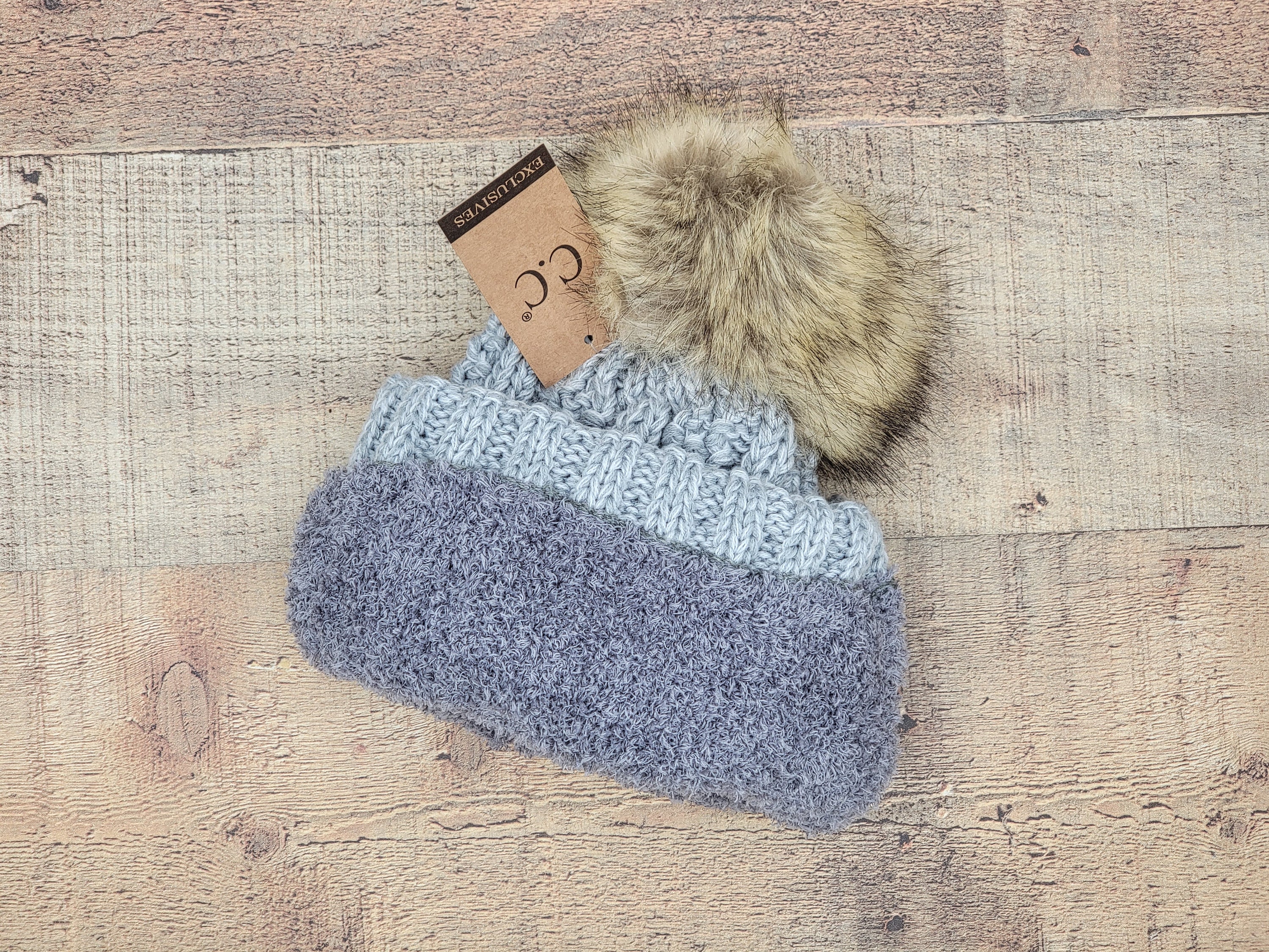 CC Quality Women's Faux Fur Pom Pom Beanie - Fleece Lined Slouchy Cable Knit Winter Hat